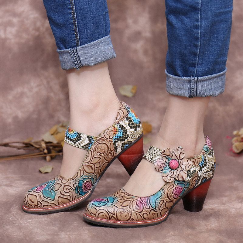 Socofy Retro Leather Floral Splicing Snakeskin Bout Rond Escarpins À Talons Épais