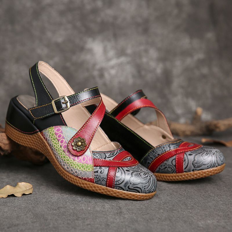 Socofy Retro Leather Painted Flower Hook Loop Slingback Mules Wedges Sandals