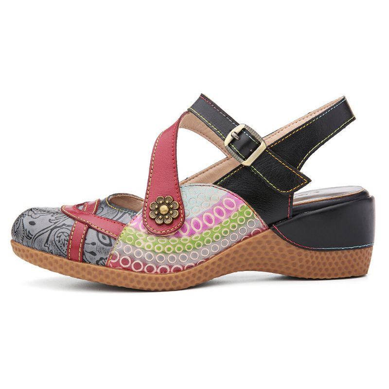 Socofy Retro Leather Painted Flower Hook Loop Slingback Mules Wedges Sandals