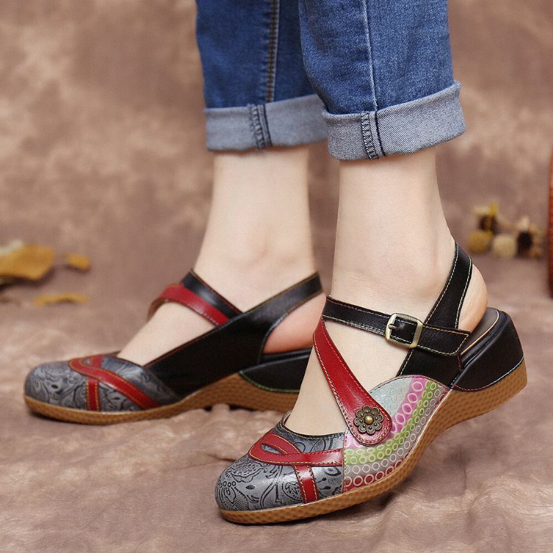 Socofy Retro Leather Painted Flower Hook Loop Slingback Mules Wedges Sandals