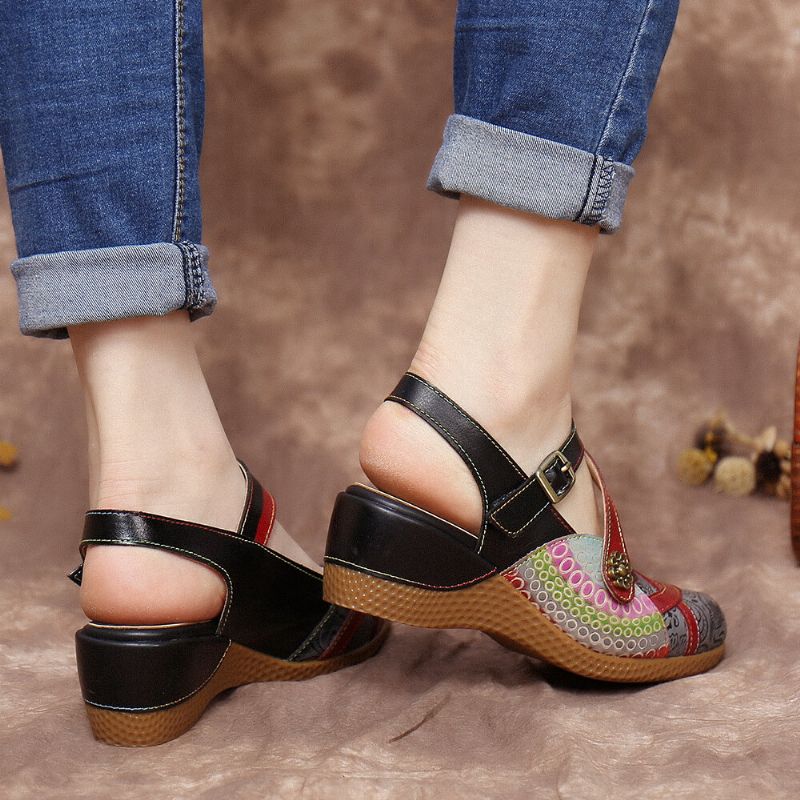 Socofy Retro Leather Painted Flower Hook Loop Slingback Mules Wedges Sandals