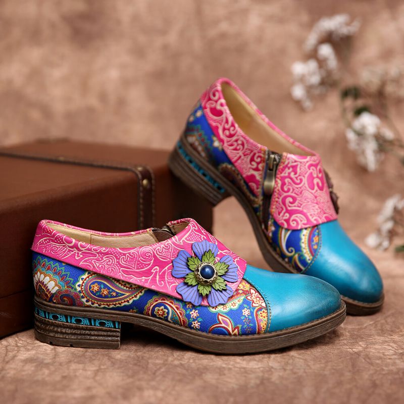 Socofy Retro Leather Paisley Splicing Floral Embossed Confortable Chaussures Plates En Cuir Véritable