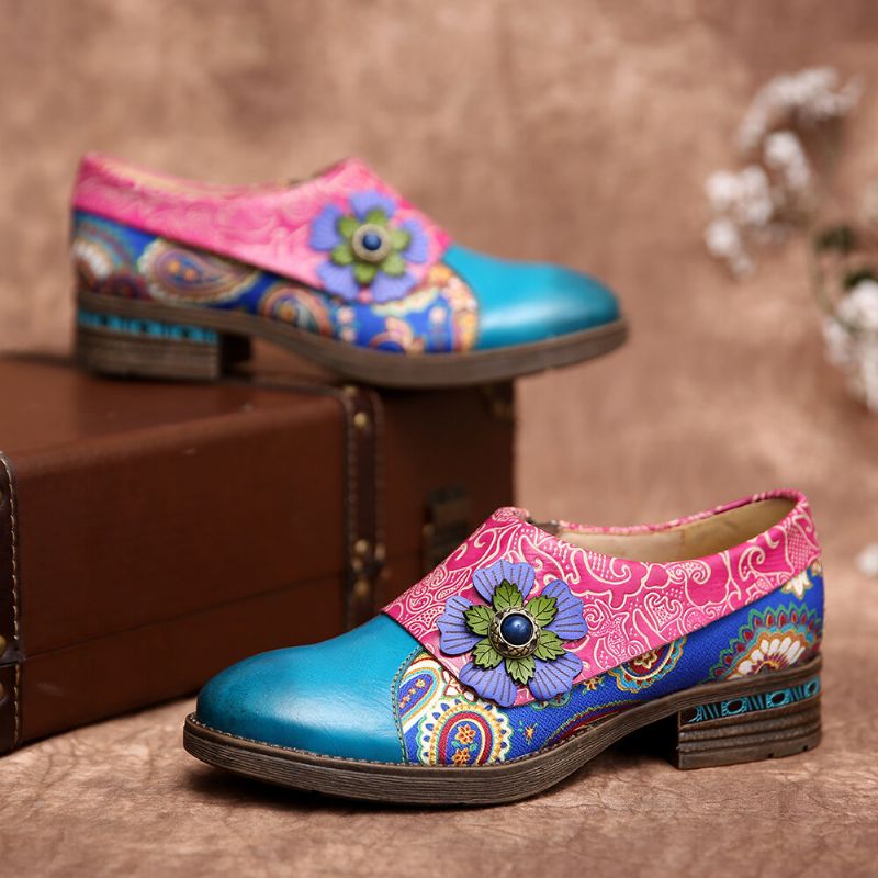 Socofy Retro Leather Paisley Splicing Floral Embossed Confortable Chaussures Plates En Cuir Véritable