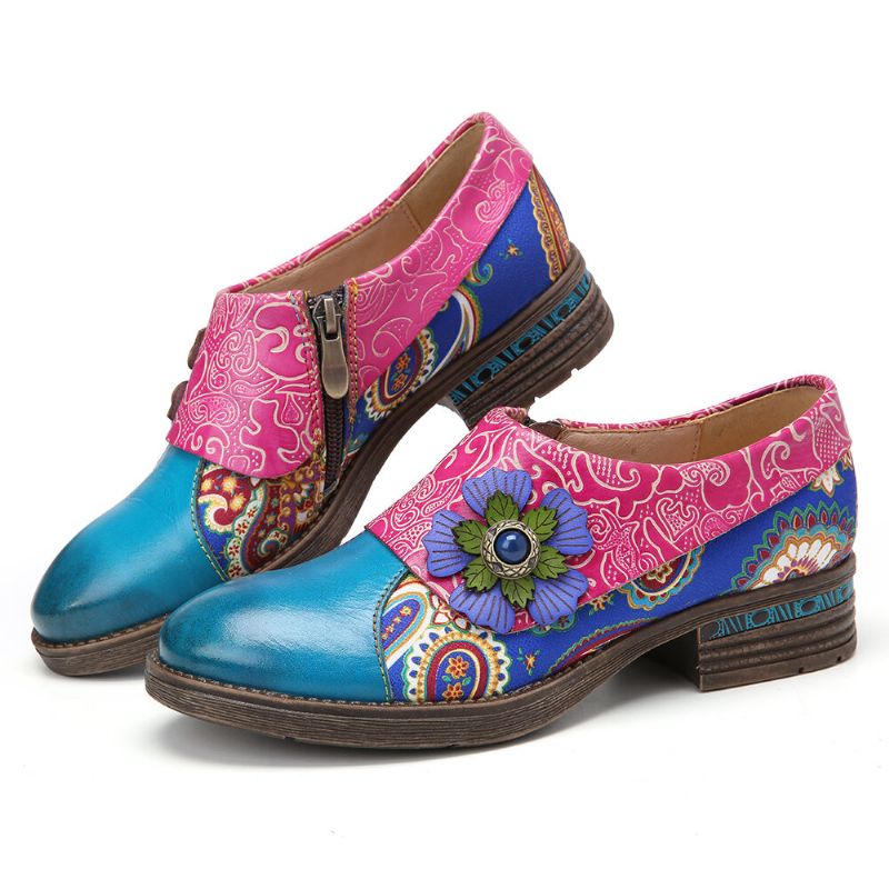 Socofy Retro Leather Paisley Splicing Floral Embossed Confortable Chaussures Plates En Cuir Véritable