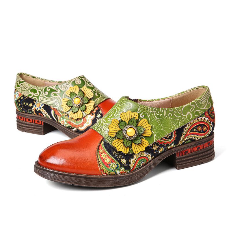 Socofy Retro Leather Paisley Splicing Floral Embossed Confortable Chaussures Plates En Cuir Véritable