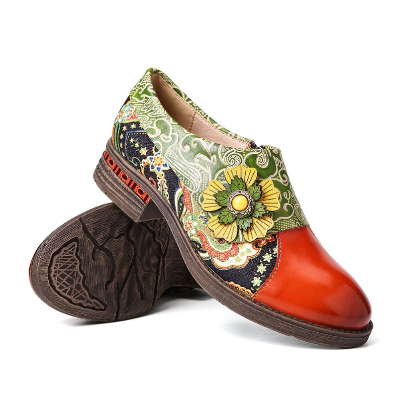 Socofy Retro Leather Paisley Splicing Floral Embossed Confortable Chaussures Plates En Cuir Véritable