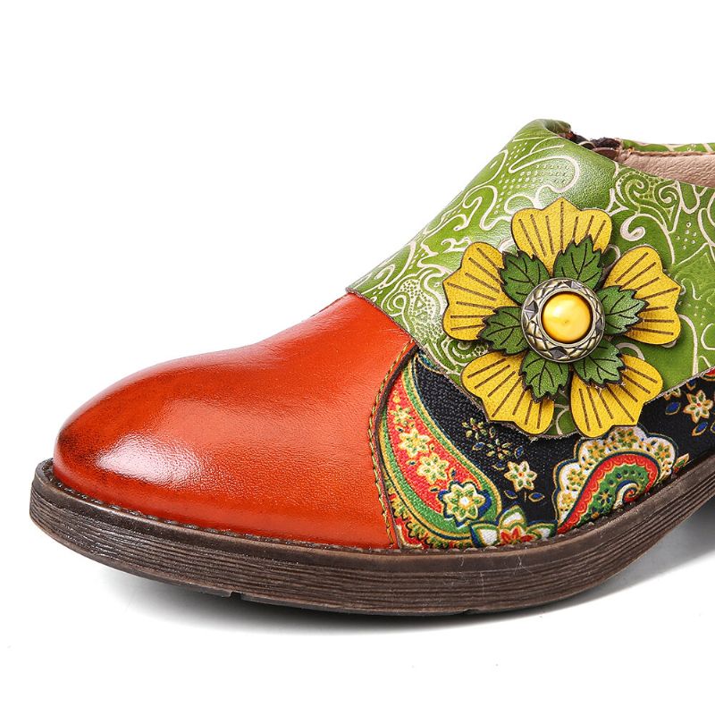 Socofy Retro Leather Paisley Splicing Floral Embossed Confortable Chaussures Plates En Cuir Véritable