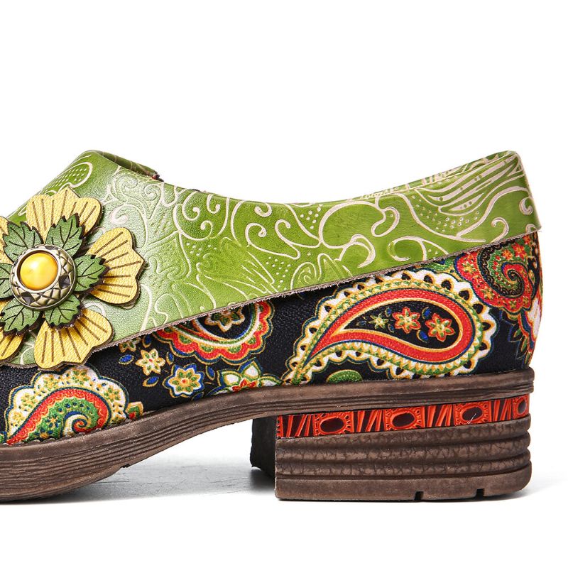 Socofy Retro Leather Paisley Splicing Floral Embossed Confortable Chaussures Plates En Cuir Véritable