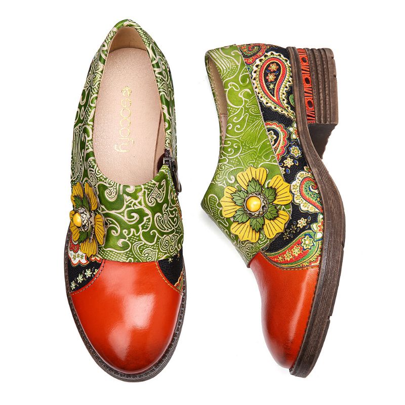 Socofy Retro Leather Paisley Splicing Floral Embossed Confortable Chaussures Plates En Cuir Véritable