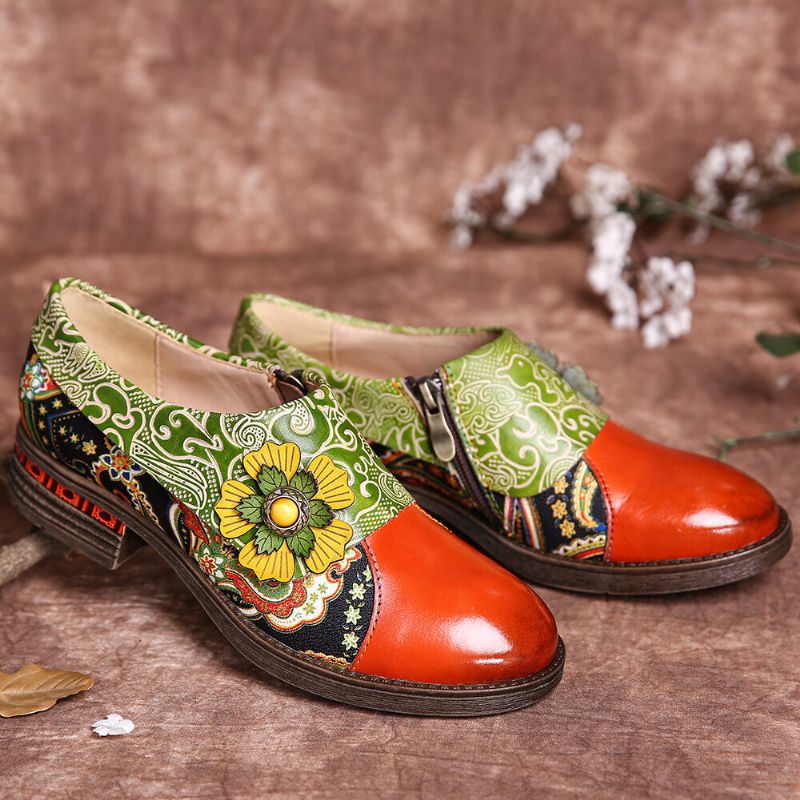 Socofy Retro Leather Paisley Splicing Floral Embossed Confortable Chaussures Plates En Cuir Véritable