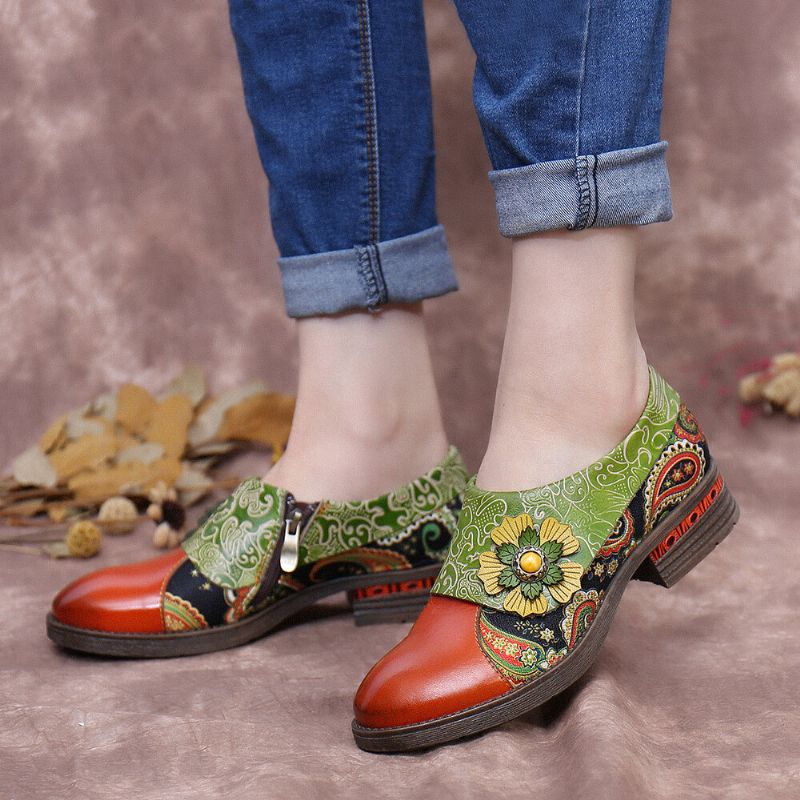 Socofy Retro Leather Paisley Splicing Floral Embossed Confortable Chaussures Plates En Cuir Véritable