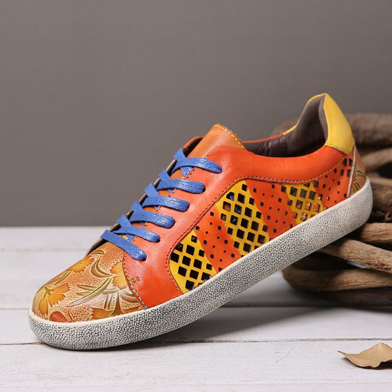 Socofy Retro Leather Printing Pattern Cutout Splicing Lace Up Casual Sneakers