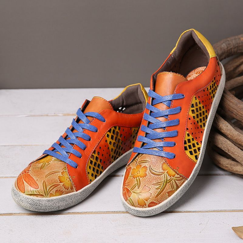 Socofy Retro Leather Printing Pattern Cutout Splicing Lace Up Casual Sneakers