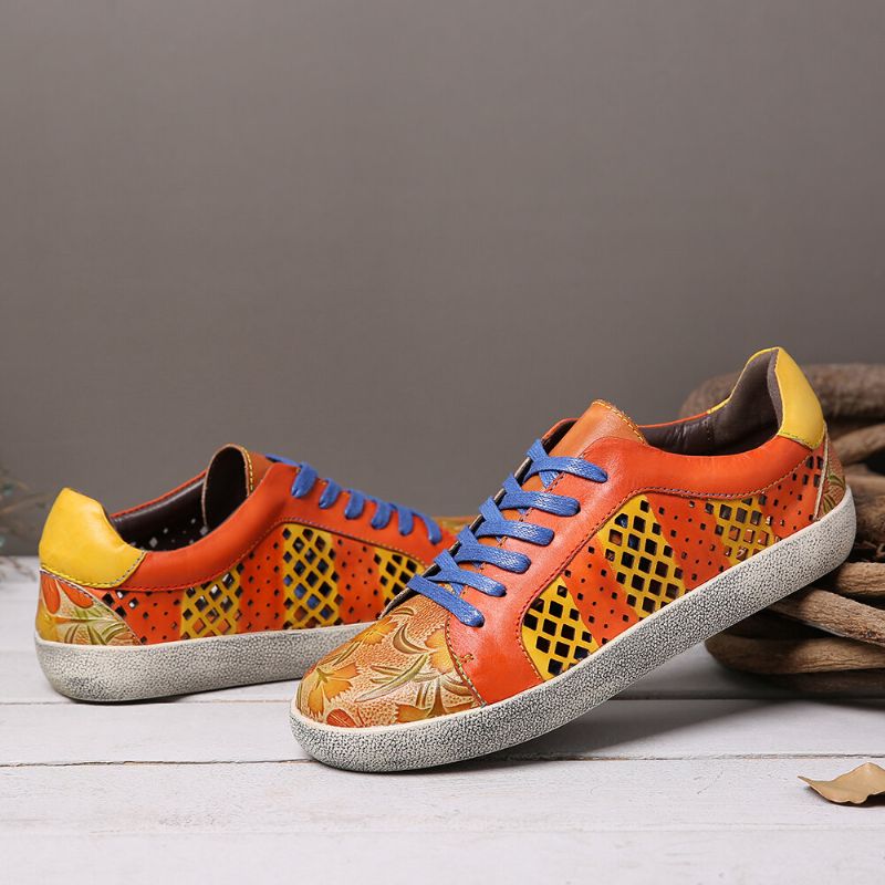 Socofy Retro Leather Printing Pattern Cutout Splicing Lace Up Casual Sneakers