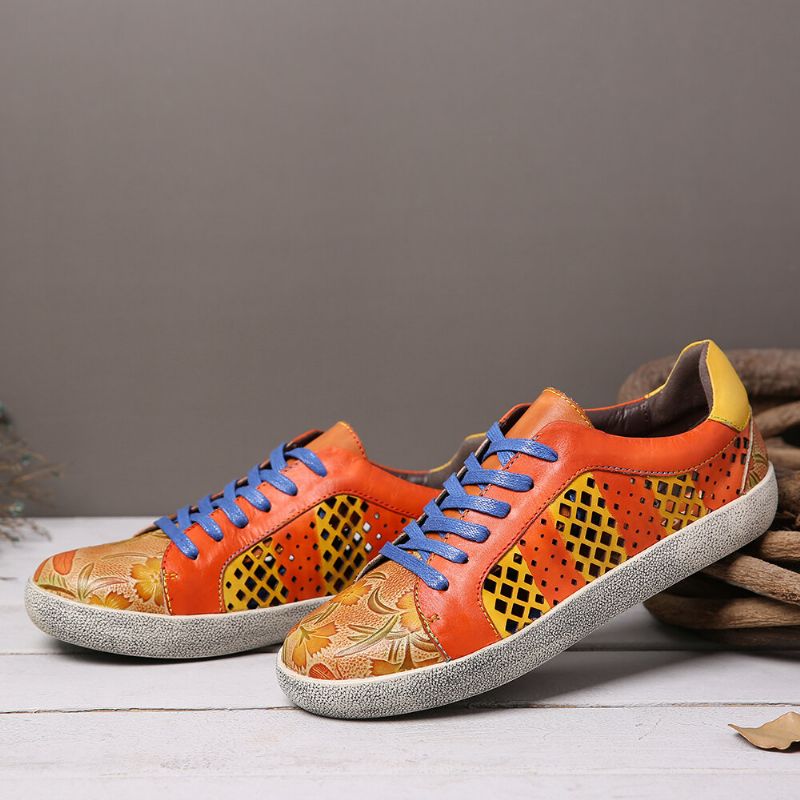 Socofy Retro Leather Printing Pattern Cutout Splicing Lace Up Casual Sneakers