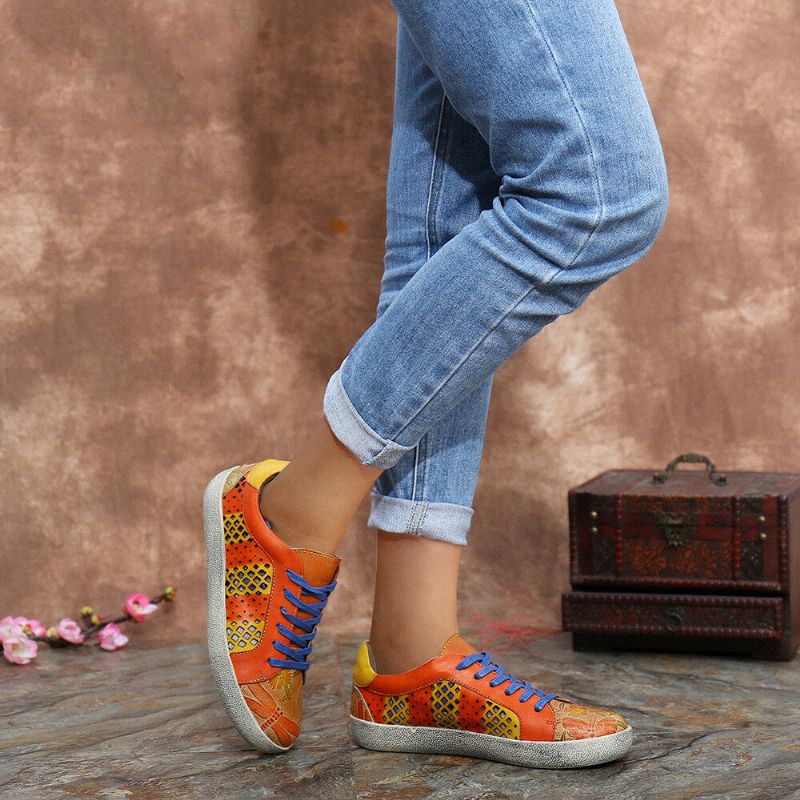 Socofy Retro Leather Printing Pattern Cutout Splicing Lace Up Casual Sneakers