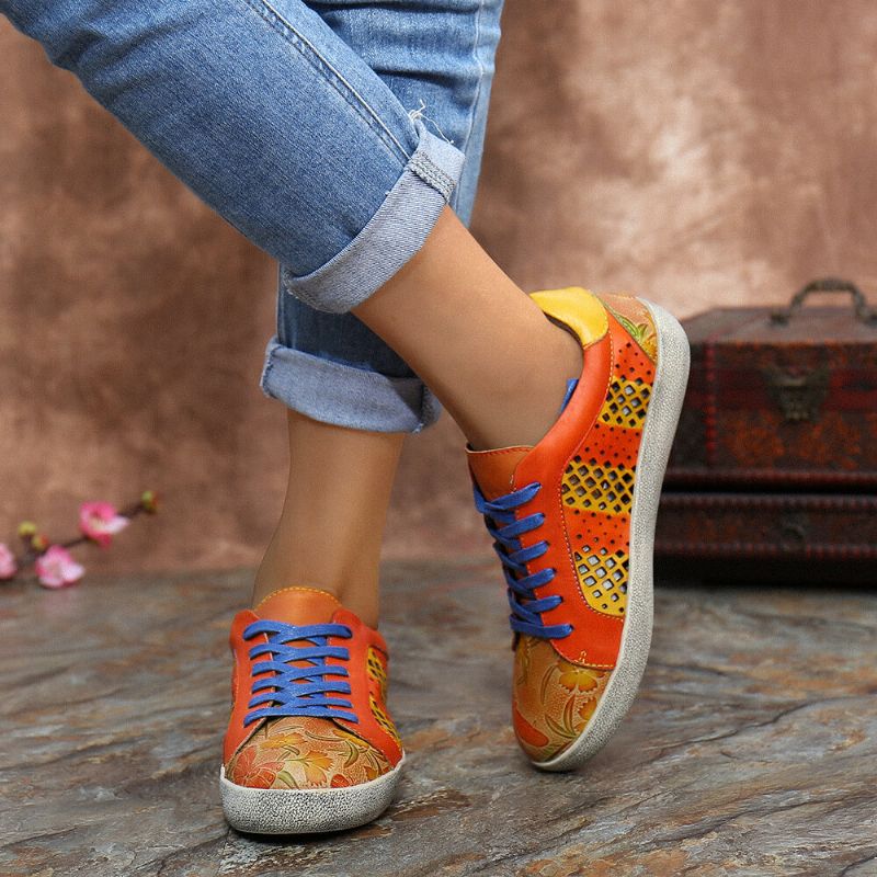 Socofy Retro Leather Printing Pattern Cutout Splicing Lace Up Casual Sneakers