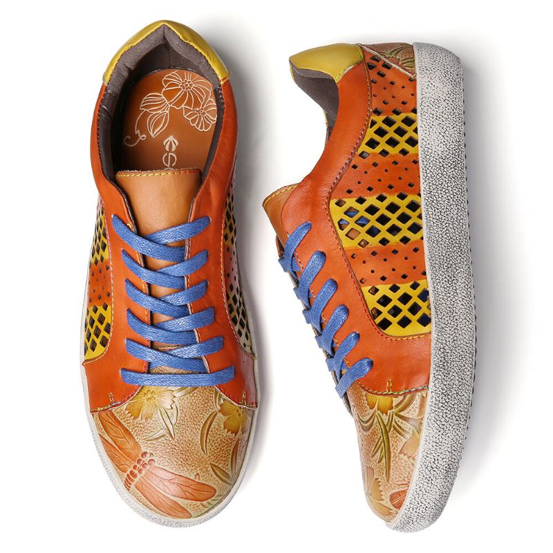 Socofy Retro Leather Printing Pattern Cutout Splicing Lace Up Casual Sneakers