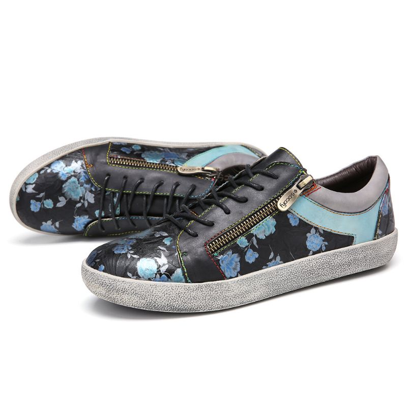 Socofy Retro Leather Printing Pattern Stitching Zipper Lace Up Flat Sneakers