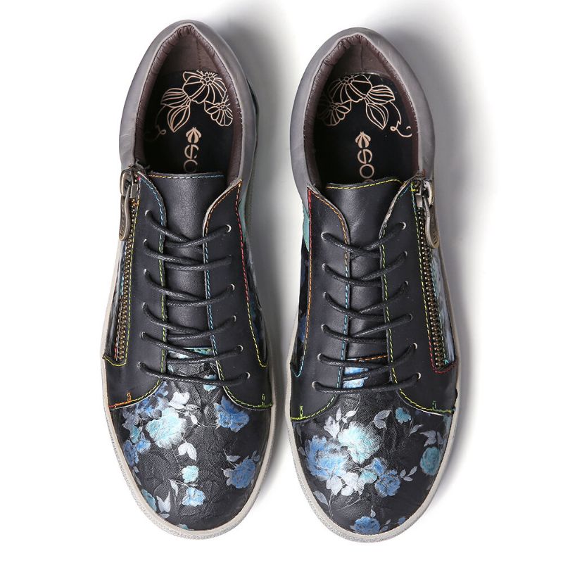 Socofy Retro Leather Printing Pattern Stitching Zipper Lace Up Flat Sneakers