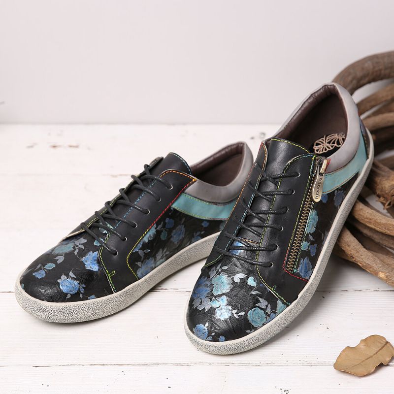 Socofy Retro Leather Printing Pattern Stitching Zipper Lace Up Flat Sneakers