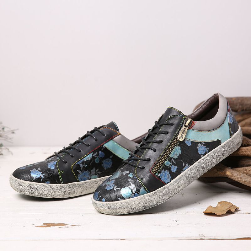 Socofy Retro Leather Printing Pattern Stitching Zipper Lace Up Flat Sneakers