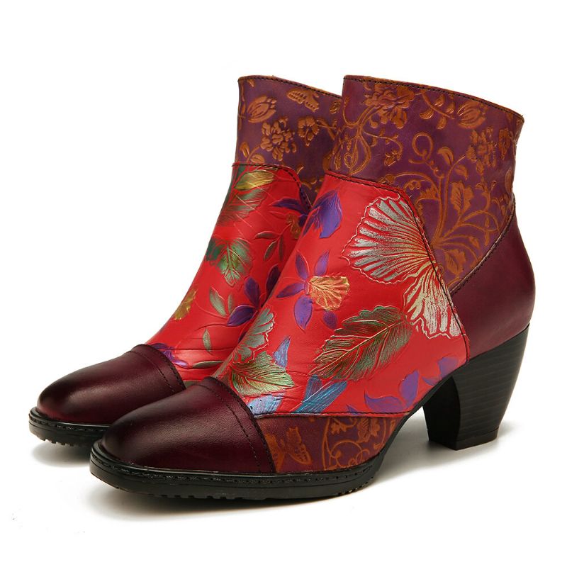 Socofy Rétro Motif De Fleurs Imprimées Colorées Coutures En Relief Confortable Fermeture À Glissière Bottes À Talons Hauts