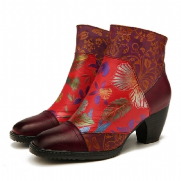 Socofy Rétro Motif De Fleurs Imprimées Colorées Coutures En Relief Confortable Fermeture À Glissière Bottes À Talons Hauts