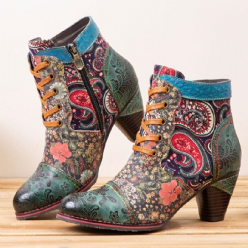 Socofy Retro Paisley Pattern Patchwork De Cuir À Lacets Fermeture À Glissière Latérale Confortable Talon Bas Bottines Courtes