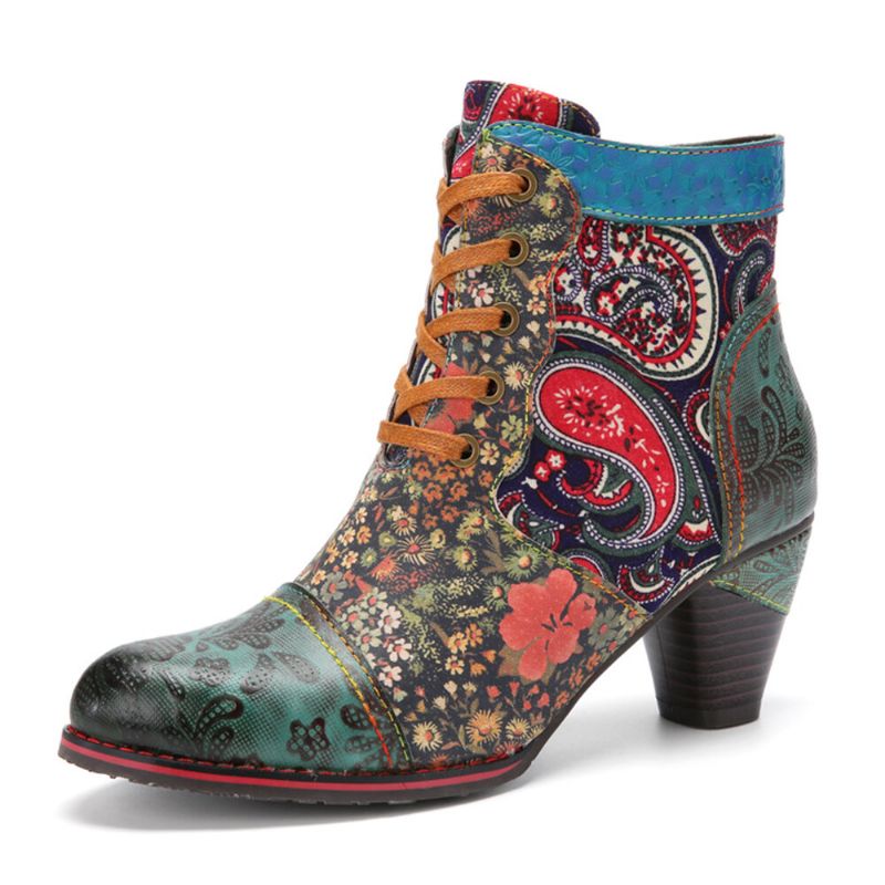 Socofy Retro Paisley Pattern Patchwork De Cuir À Lacets Fermeture À Glissière Latérale Confortable Talon Bas Bottines Courtes