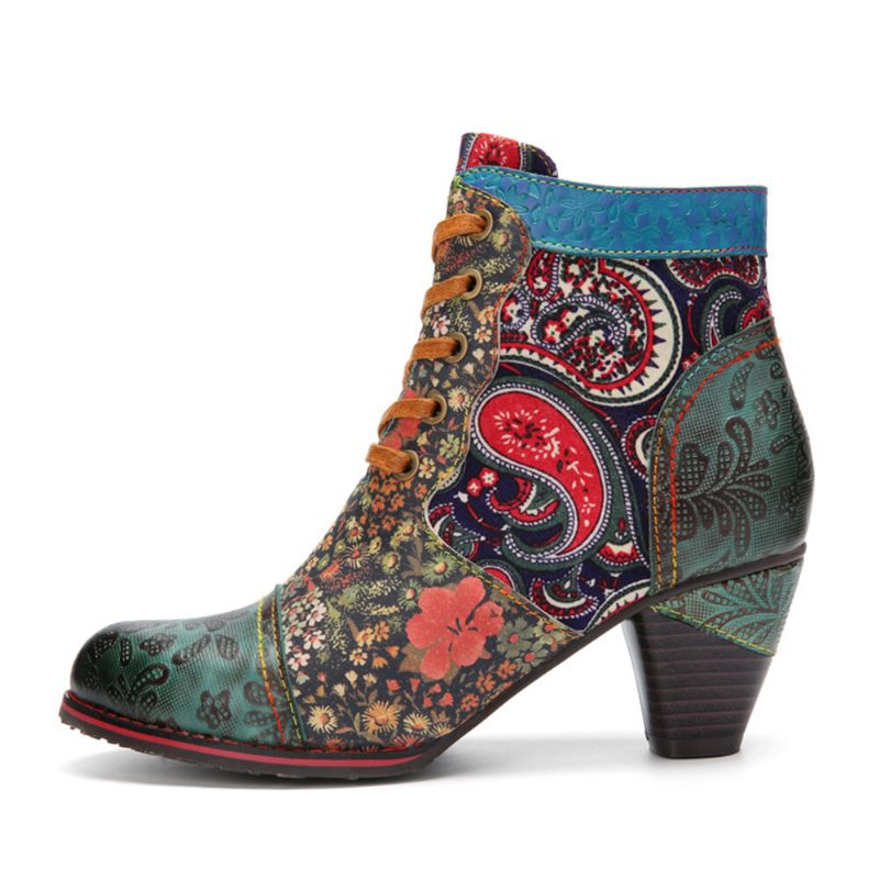 Socofy Retro Paisley Pattern Patchwork De Cuir À Lacets Fermeture À Glissière Latérale Confortable Talon Bas Bottines Courtes