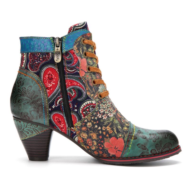 Socofy Retro Paisley Pattern Patchwork De Cuir À Lacets Fermeture À Glissière Latérale Confortable Talon Bas Bottines Courtes