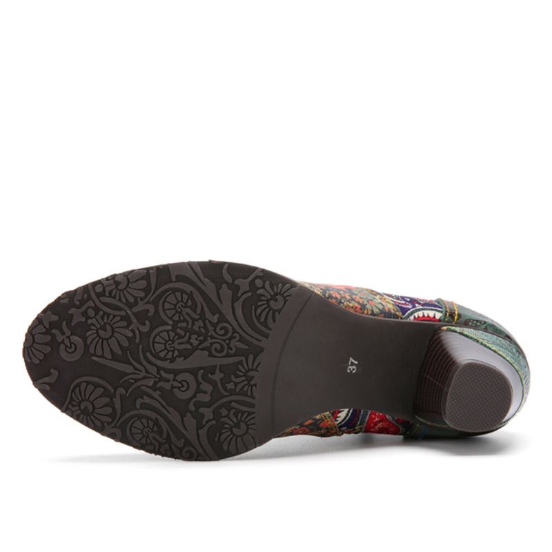 Socofy Retro Paisley Pattern Patchwork De Cuir À Lacets Fermeture À Glissière Latérale Confortable Talon Bas Bottines Courtes