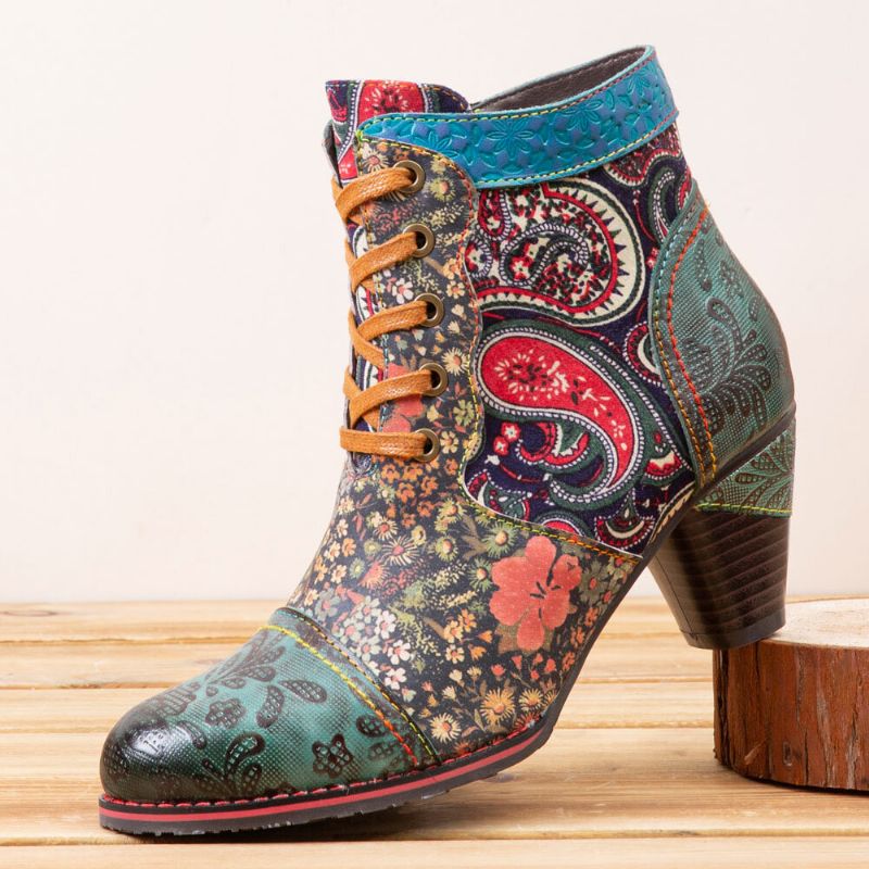 Socofy Retro Paisley Pattern Patchwork De Cuir À Lacets Fermeture À Glissière Latérale Confortable Talon Bas Bottines Courtes