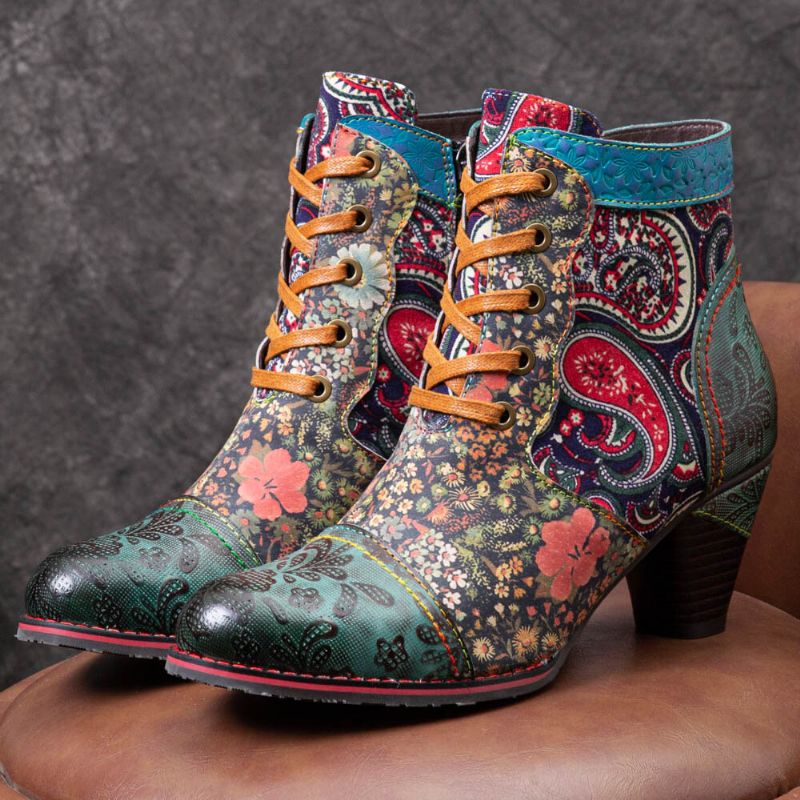 Socofy Retro Paisley Pattern Patchwork De Cuir À Lacets Fermeture À Glissière Latérale Confortable Talon Bas Bottines Courtes