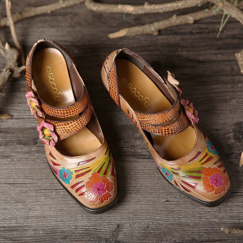 Socofy Retro Printing Florals En Cuir Véritable Hook Loop Low Heel Pumps