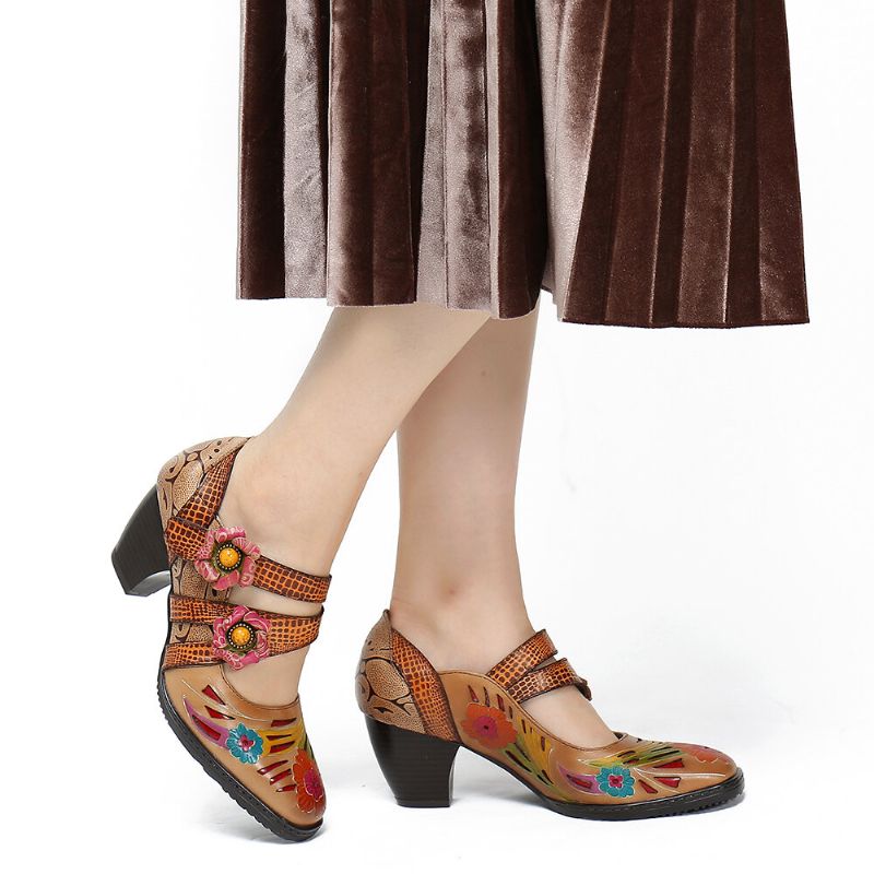 Socofy Retro Printing Florals En Cuir Véritable Hook Loop Low Heel Pumps