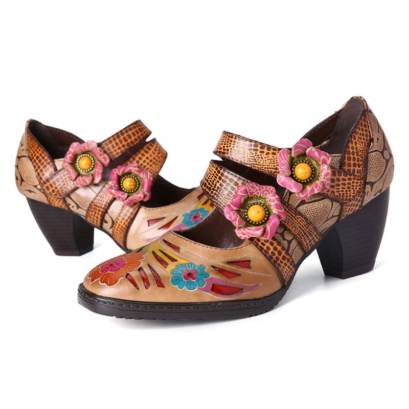 Socofy Retro Printing Florals En Cuir Véritable Hook Loop Low Heel Pumps