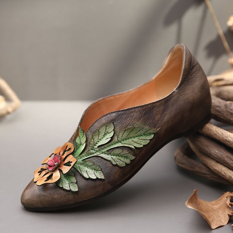 Socofy Retro Rainforest Splicing Floral Leaves Chaussures Plates Confortables En Cuir Élégant