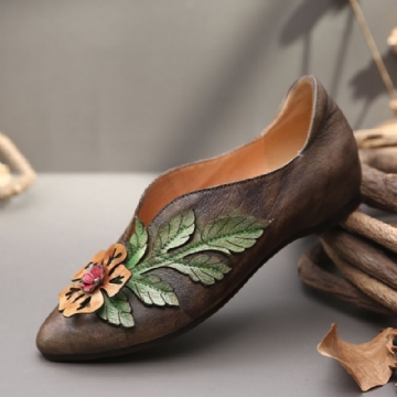 Socofy Retro Rainforest Splicing Floral Leaves Chaussures Plates Confortables En Cuir Élégant