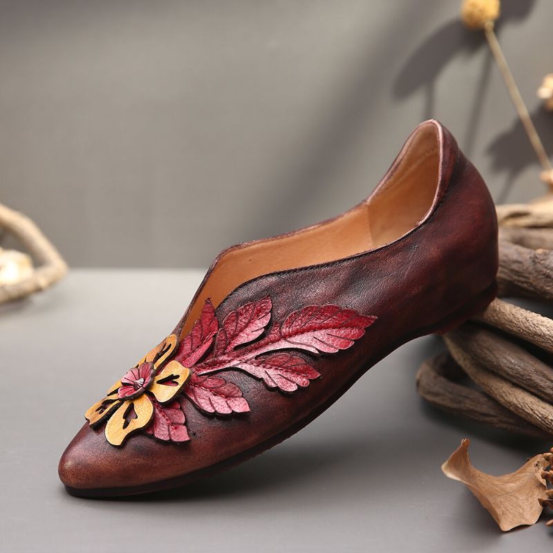 Socofy Retro Rainforest Splicing Floral Leaves Chaussures Plates Confortables En Cuir Élégant