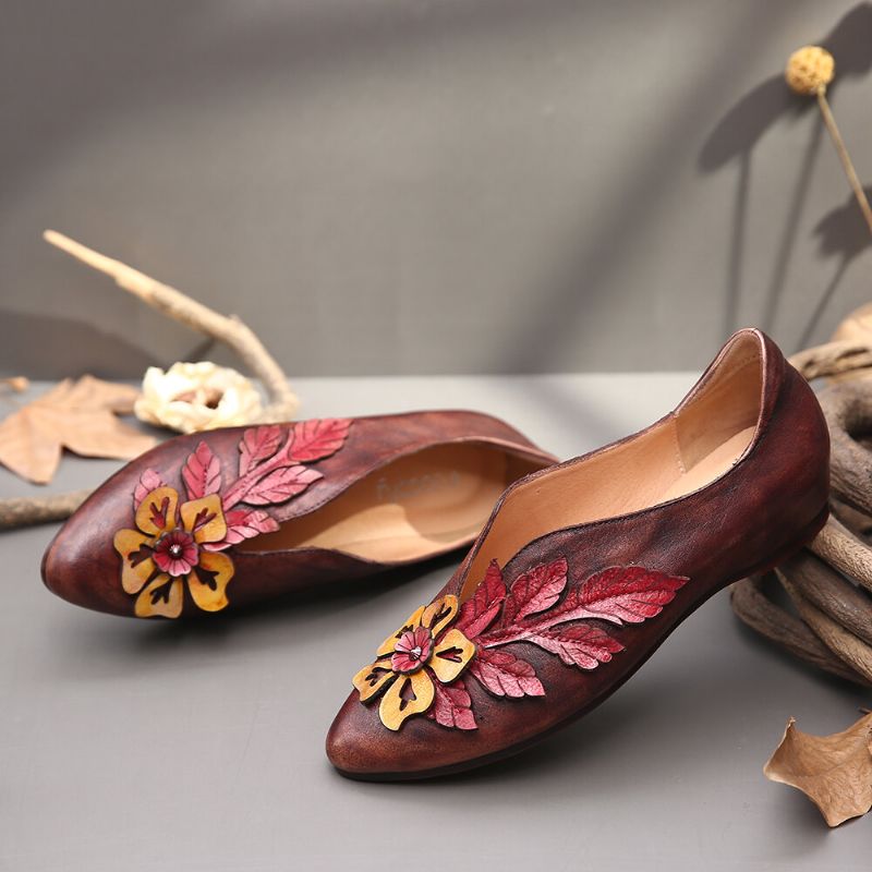 Socofy Retro Rainforest Splicing Floral Leaves Chaussures Plates Confortables En Cuir Élégant