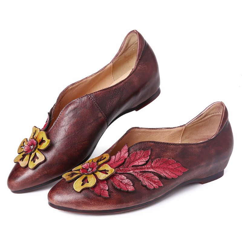 Socofy Retro Rainforest Splicing Floral Leaves Chaussures Plates Confortables En Cuir Élégant