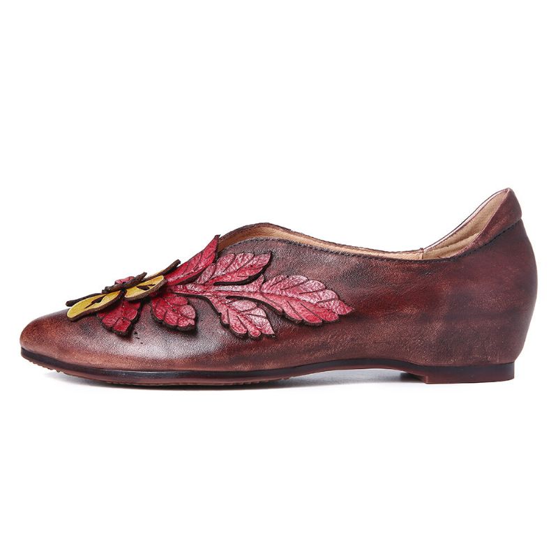 Socofy Retro Rainforest Splicing Floral Leaves Chaussures Plates Confortables En Cuir Élégant