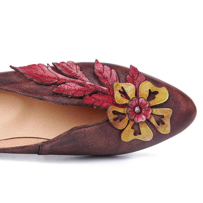 Socofy Retro Rainforest Splicing Floral Leaves Chaussures Plates Confortables En Cuir Élégant