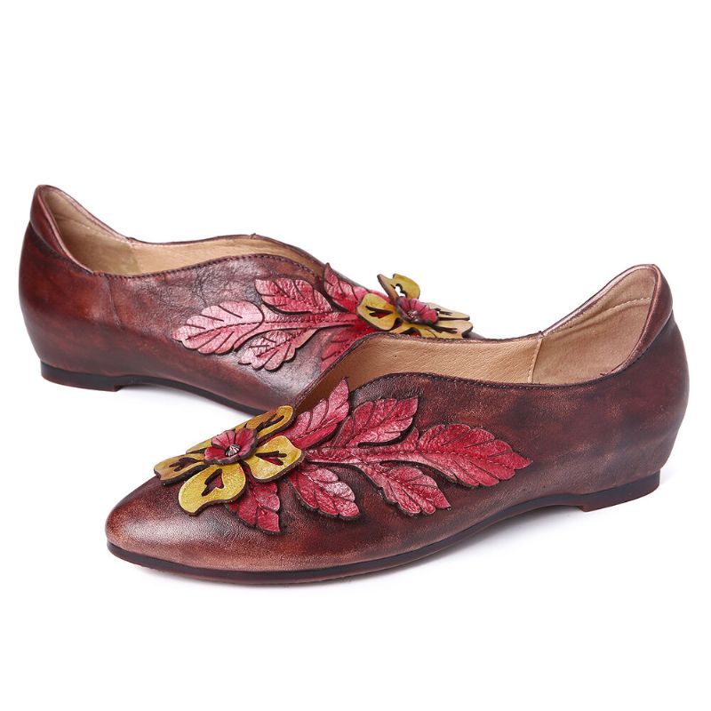 Socofy Retro Rainforest Splicing Floral Leaves Chaussures Plates Confortables En Cuir Élégant