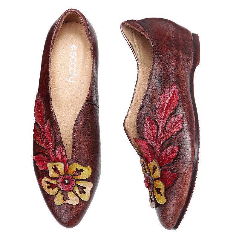 Socofy Retro Rainforest Splicing Floral Leaves Chaussures Plates Confortables En Cuir Élégant