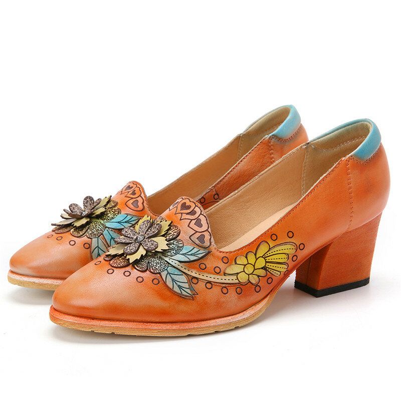 Socofy Retro Splicing Floral Leather Slip On Block Heel Pumps Chaussures Habillées