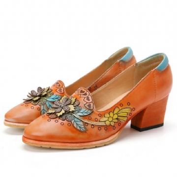 Socofy Retro Splicing Floral Leather Slip On Block Heel Pumps Chaussures Habillées