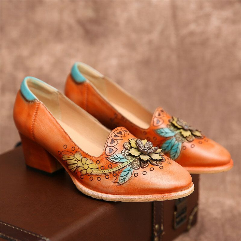 Socofy Retro Splicing Floral Leather Slip On Block Heel Pumps Chaussures Habillées